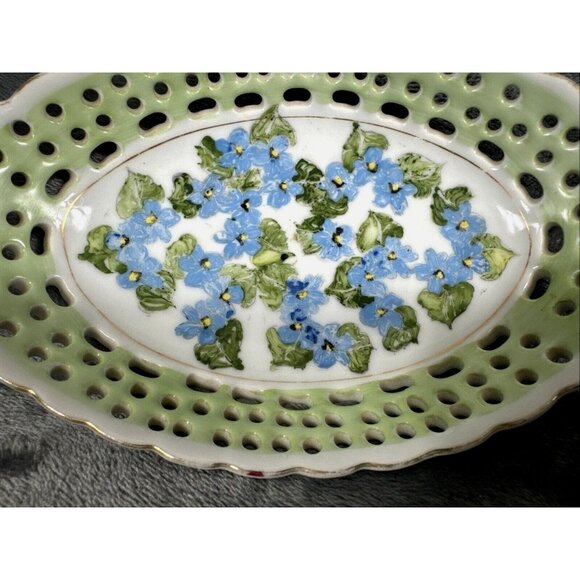 Antique Hand-Painted Porcelain Reticulated Serving Tray With Blue Floral Design - Picture 6 of 11